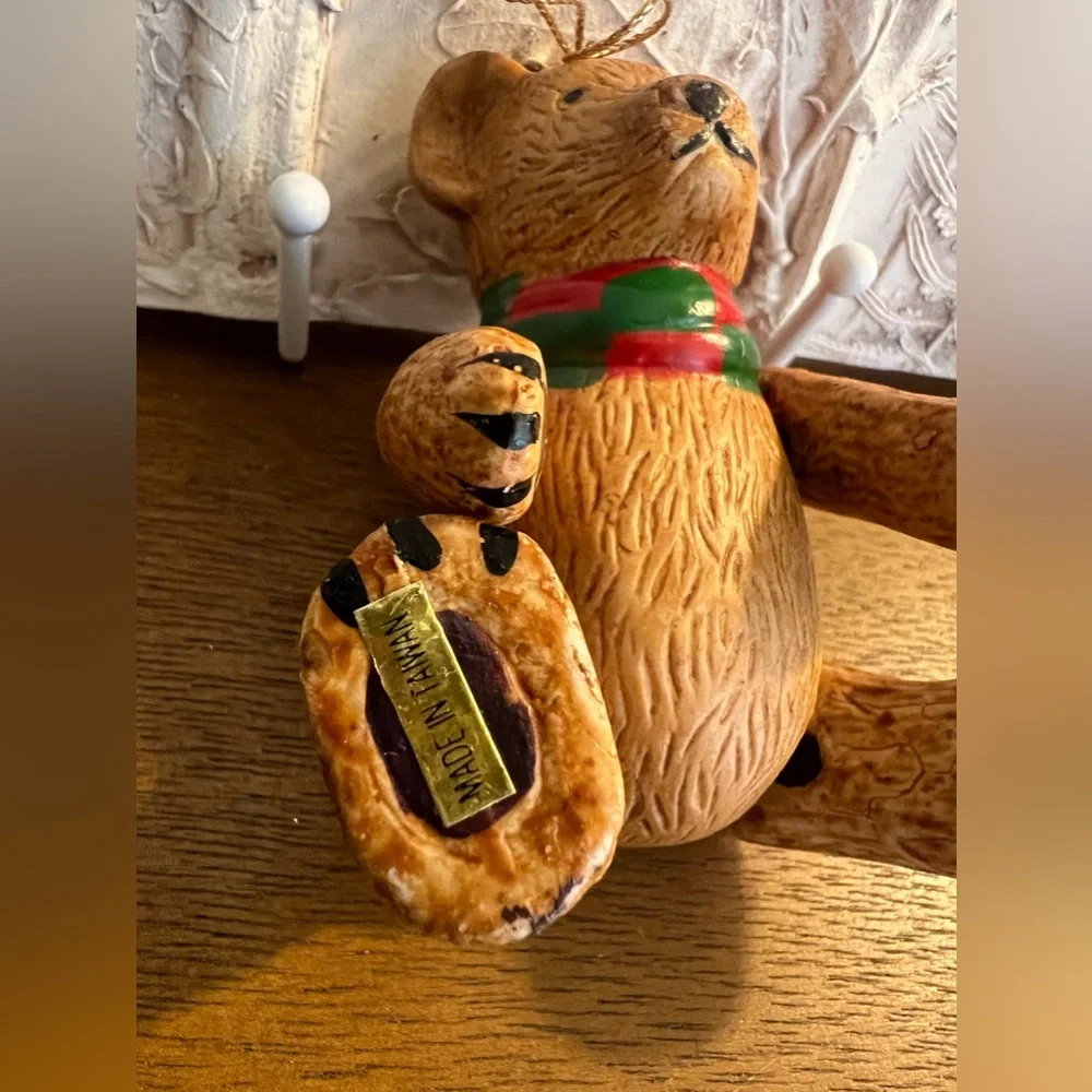 Vintage Brown Ceramic Teddy Bear Articulated Moveable Joints Christmas Ornament